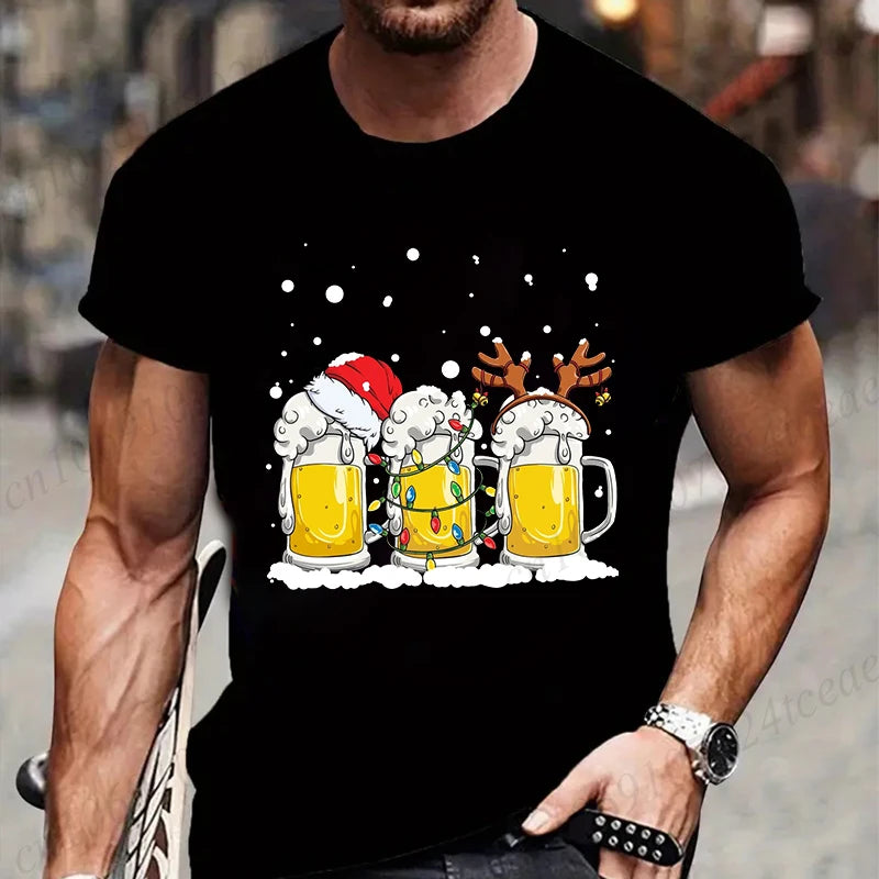 Tshirt Beer Christmas with Santa Reinbeer Xmas Lights Humor T Shirt Camiseta Christmas Party T Shirts Tops Streetwear T-shirts