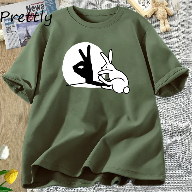 Funny Rabbit Hand Shadow T-Shirt Cute Cotton Short Sleeve T Shirt for Men Women Couple Short Sleeve Tops Harajuku Y2k Clothing