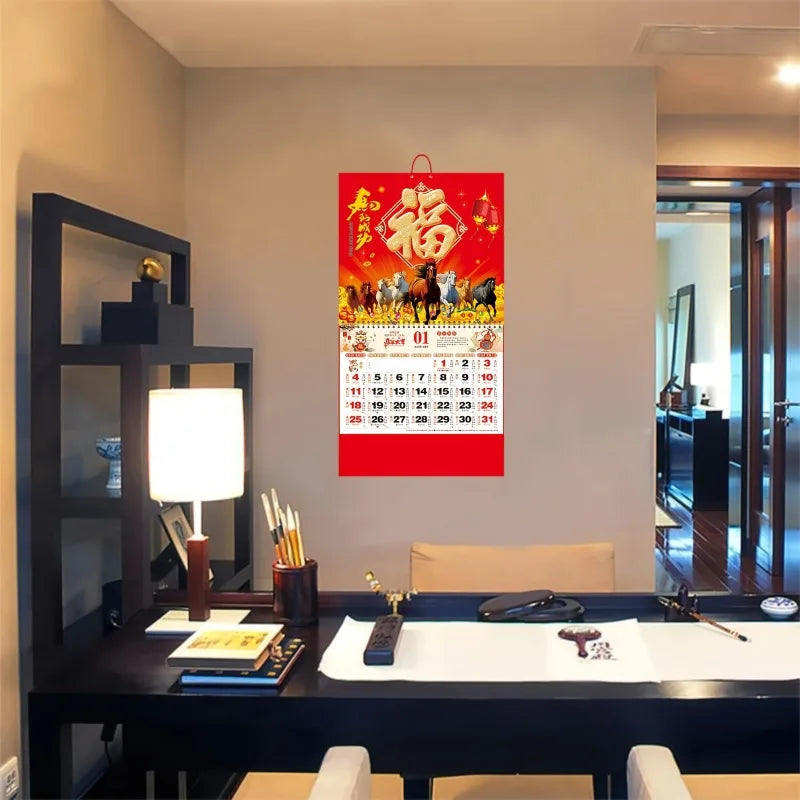 2026 Calendar 37x68cm-New Year Wall Calendar,Auspicious Design,12-Month Planner with Lunar Dates,New Year Gift,New Year Decor