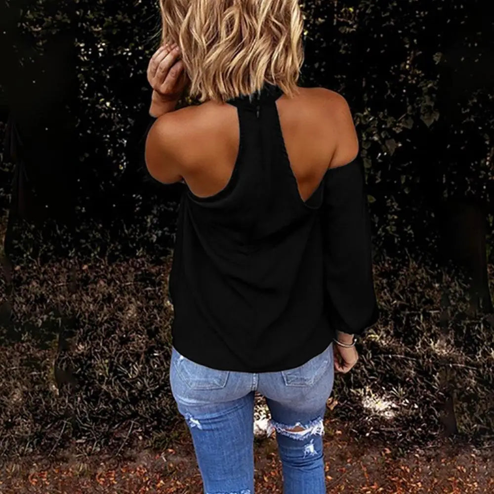 Women Camis Solid Color Long Sleeve Tanks Sexy Halter Off Shoulder Back Zipper Blouse Top Female Clothing For Daily Commuting