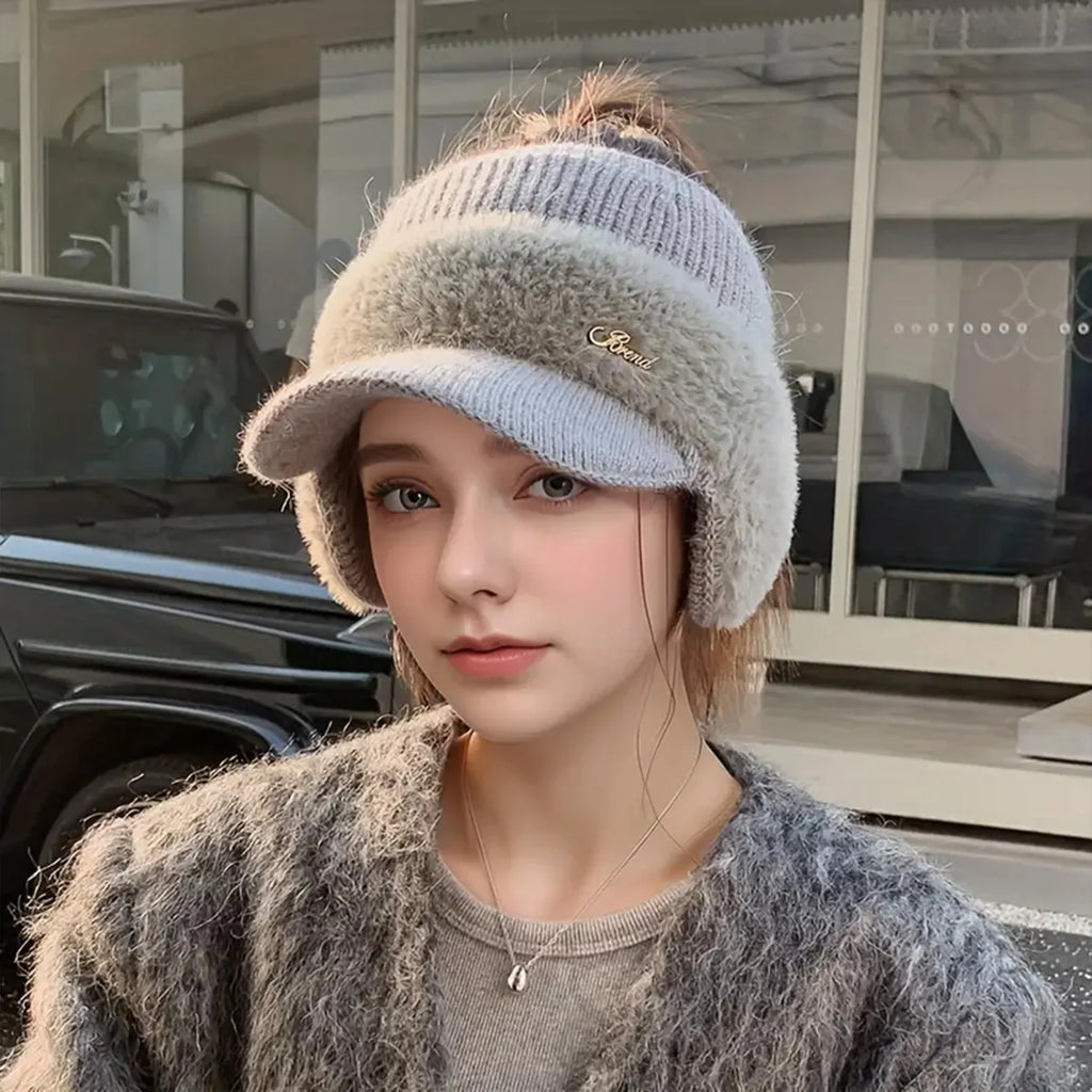 Winter Hat for Women New Fashion Winter Warm Ear Wing Knitted Cap Baseball Cap Outdoor Sports Windproof Ponytail Hat Visor