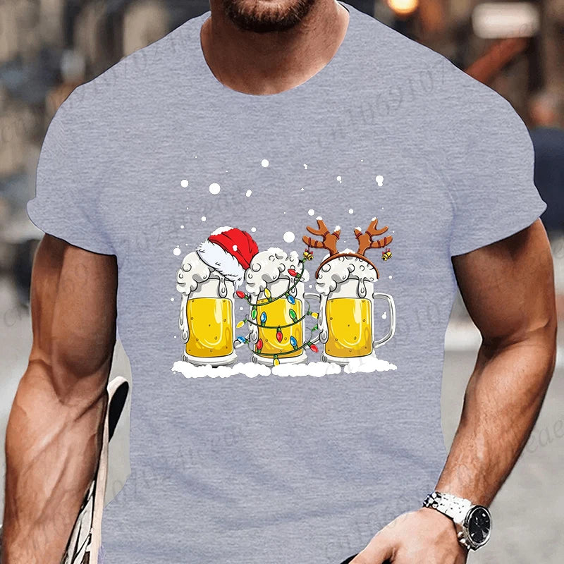 Tshirt Beer Christmas with Santa Reinbeer Xmas Lights Humor T Shirt Camiseta Christmas Party T Shirts Tops Streetwear T-shirts