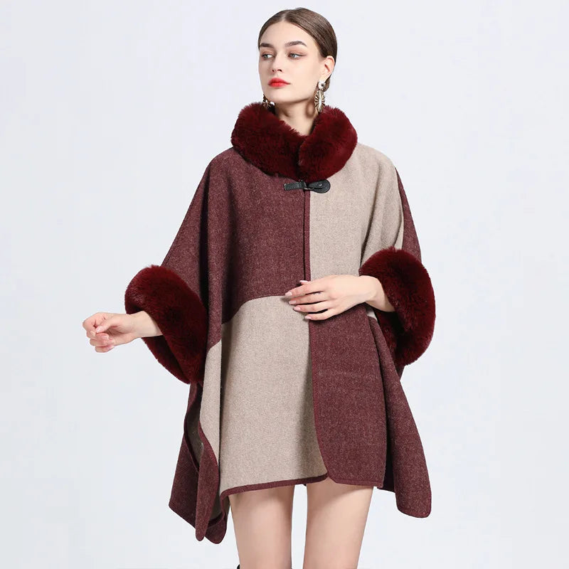Contrast Color Winter Women Faux Fur Collar Loose Cape Outstreet Wear Warm Thick Poncho Cardigan Lady Coat With Hat Pocket