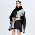 Contrast Color Winter Women Faux Fur Collar Loose Cape Outstreet Wear Warm Thick Poncho Cardigan Lady Coat With Hat Pocket