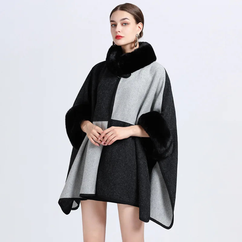 Contrast Color Winter Women Faux Fur Collar Loose Cape Outstreet Wear Warm Thick Poncho Cardigan Lady Coat With Hat Pocket