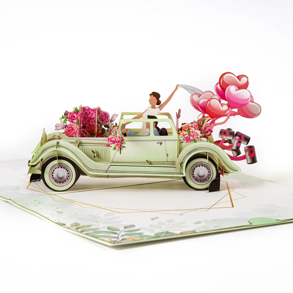 Valentine Wedding Car Balloon Flower Couple Pop up Card, Romantic 3D Greeting Card for Couples