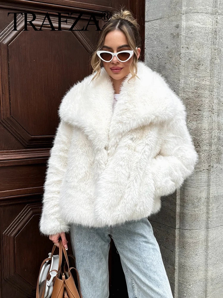 HH Winter Women Elegant Warm Plush Coat Turn-Down Collar Thick Cardigan Coat Female Pocket Long Sleeve Short Outerwear Mujer