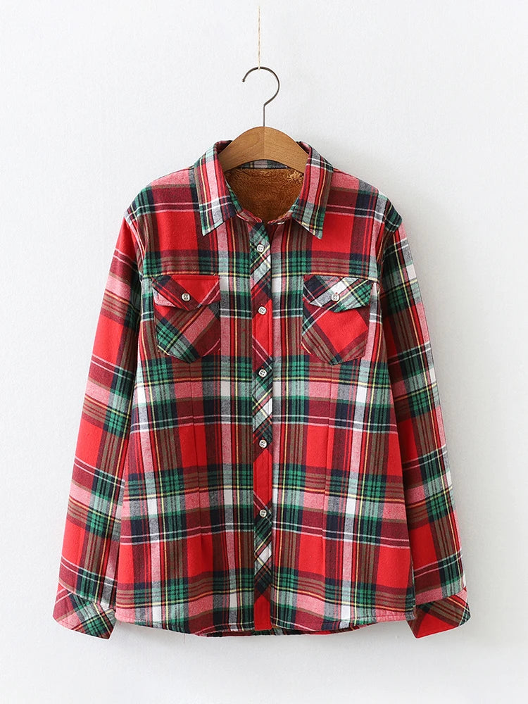 Velvet Thick Warm Women's Plaid Shirt Female Long Sleeve Tops M-5XL Winter Fleece Casual Check Blouse Autumn Clothes T77710A