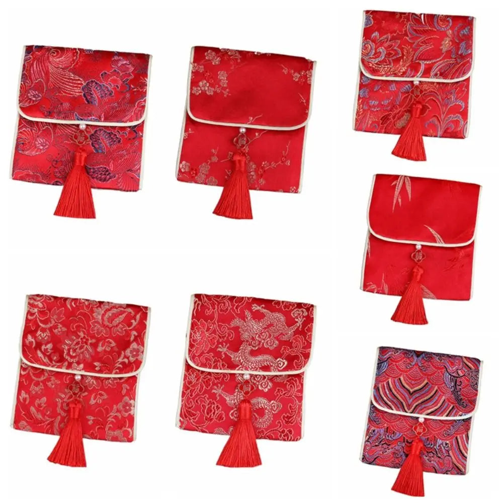 New Year Blessing Words Brocade Red Envelope Tassel Spring Festival Money Pocket Embroidery Best Wishes New Year Money Bag