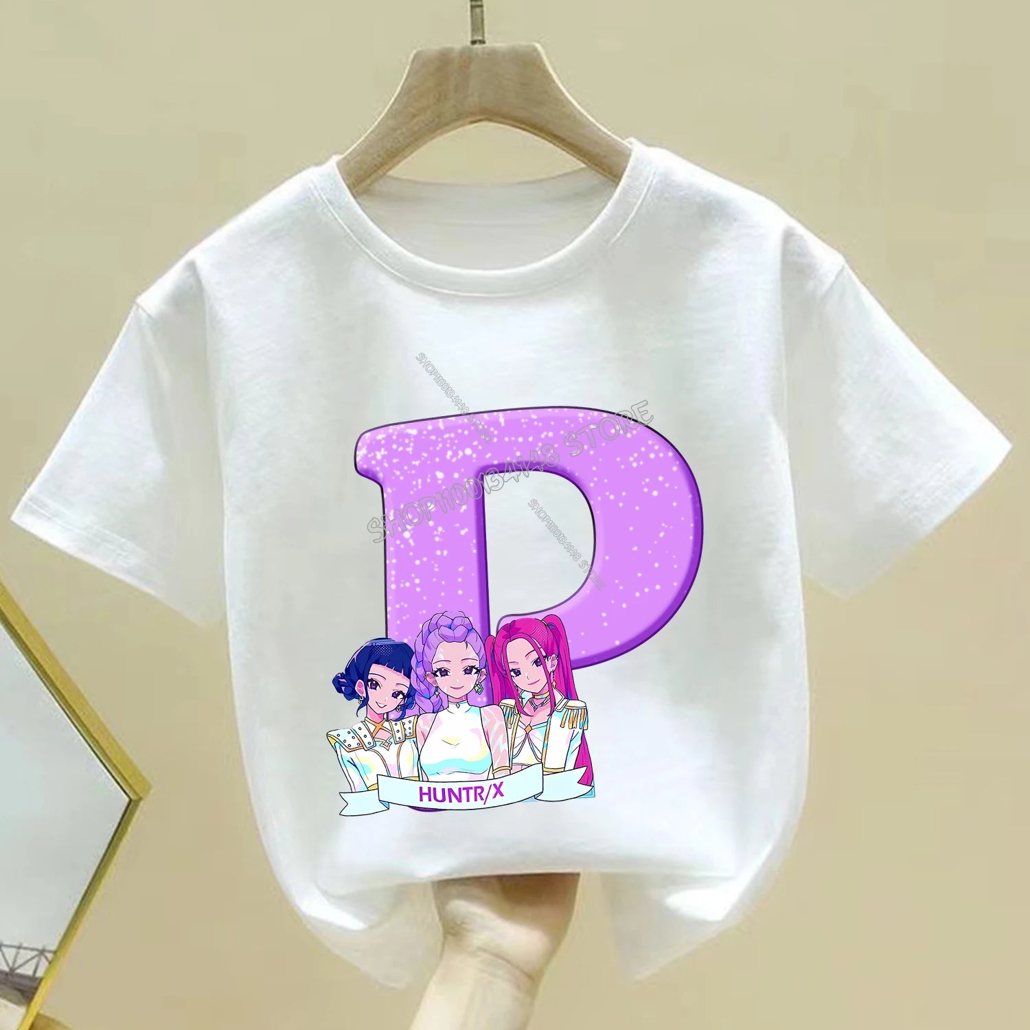 KPop Demon Hunters T-shirt for Children Cartoon A-Z Letters Tee Top White Round Collar Clothes Kids Short Sleeve Clothing Gift