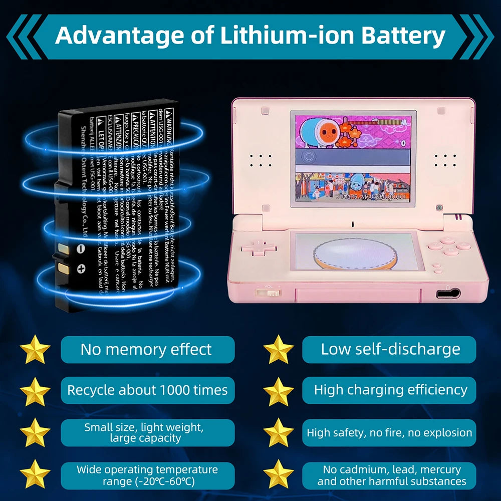 OSTENT Real Capacity 1000mAh 3.7V Rechargeable Lithium Battery+Tool Kit for Nintendo DSL NDS Lite Gamepad Replacement Battery