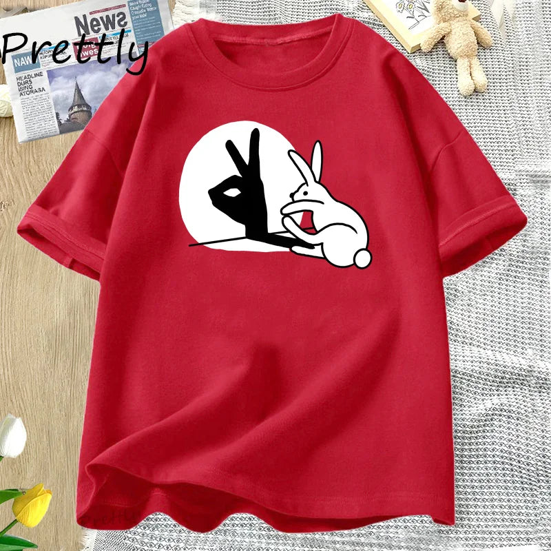 Funny Rabbit Hand Shadow T-Shirt Cute Cotton Short Sleeve T Shirt for Men Women Couple Short Sleeve Tops Harajuku Y2k Clothing