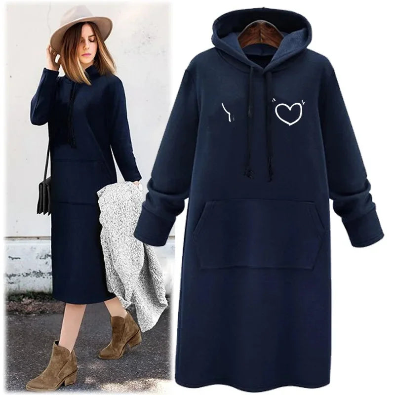 Thickened Fleece Hoodie Women's Long Sleeve round Neck Pullover Sweatshirt Winter Warm Style Loose Slimming Mid-Length Hoodie