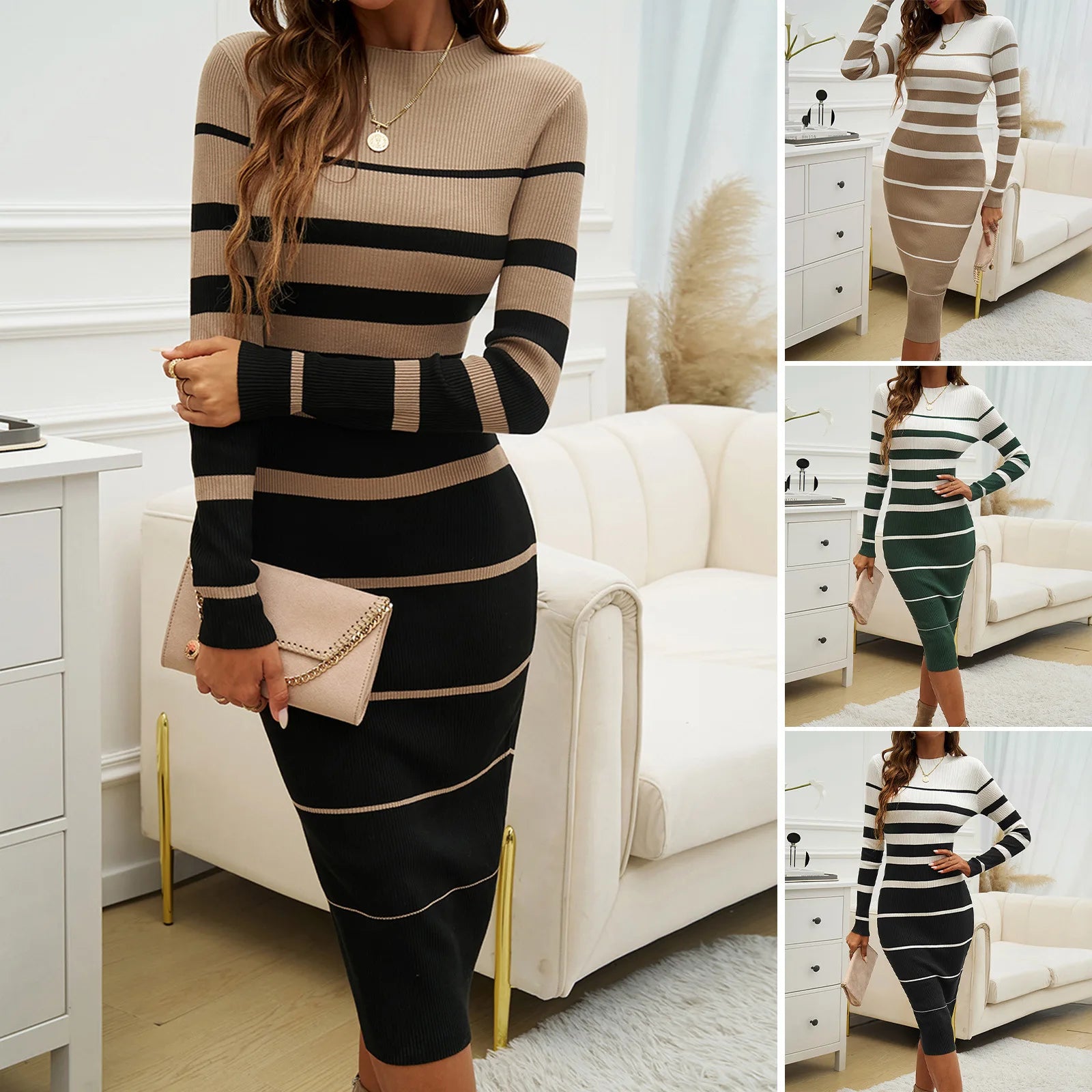 Knitting Dress Women Long Sheath Dresses Stripe Print Round Collar Long Sleeve Maxi Gown Knitted Vestidos Office Lady 2025