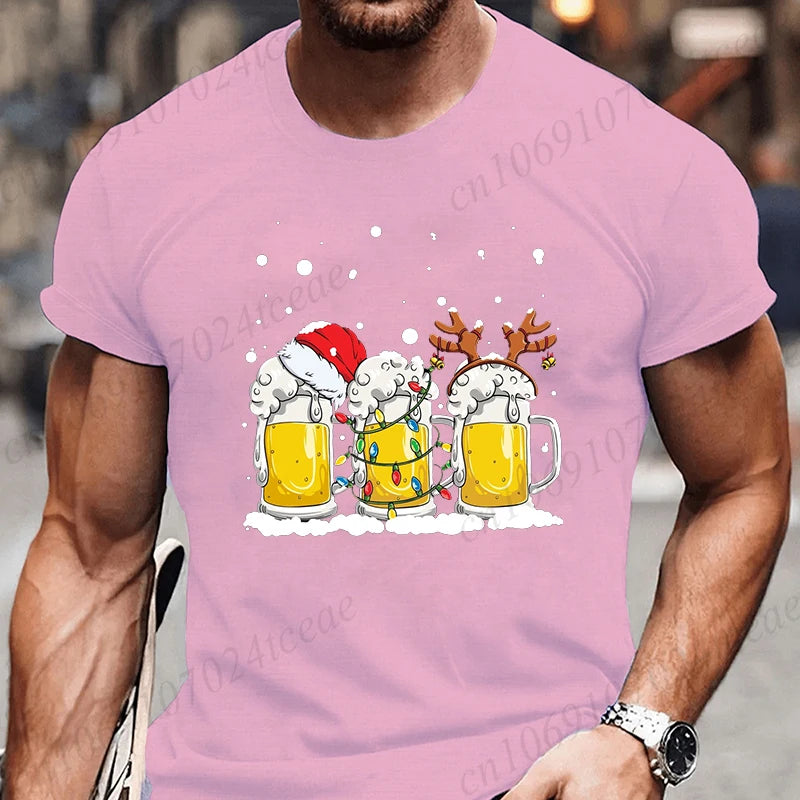 Tshirt Beer Christmas with Santa Reinbeer Xmas Lights Humor T Shirt Camiseta Christmas Party T Shirts Tops Streetwear T-shirts
