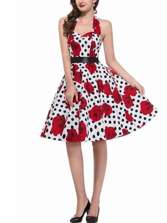 Polka Dot Dress Women Vintage Swing Halter Belt 50s 60s Rockabilly Prom Party Dresses Retro Feminino Vestidos