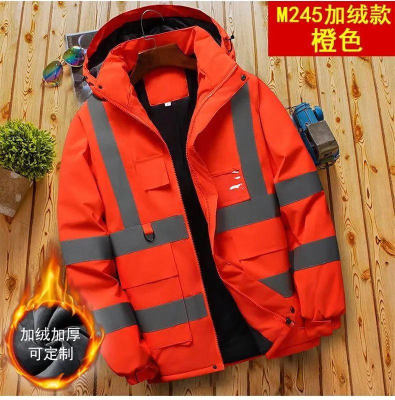 Winter Work Jacket Men, Waterproof Windproof Reflective Thermal Coat, Fleece Lined Abrasion Resistant Parka
