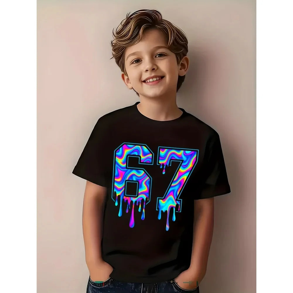 Fun Boys' Six Seven 67 Christmas Snowflake Print T-Shirt Casual O-Neck Short Sleeve Tee Fashion Short Sleeve Kids Clothes Boys