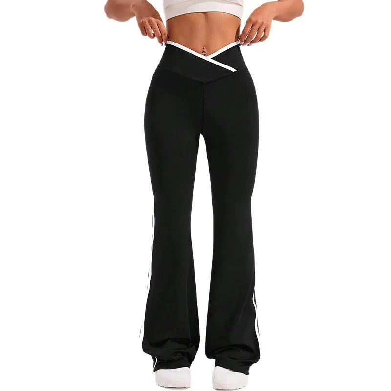 Side Stripe Flared Yoga Pants Women Cross Waist High Rise Butt Lifting Wide Leg Outdoor Slim Fit  Wicking Sportswear