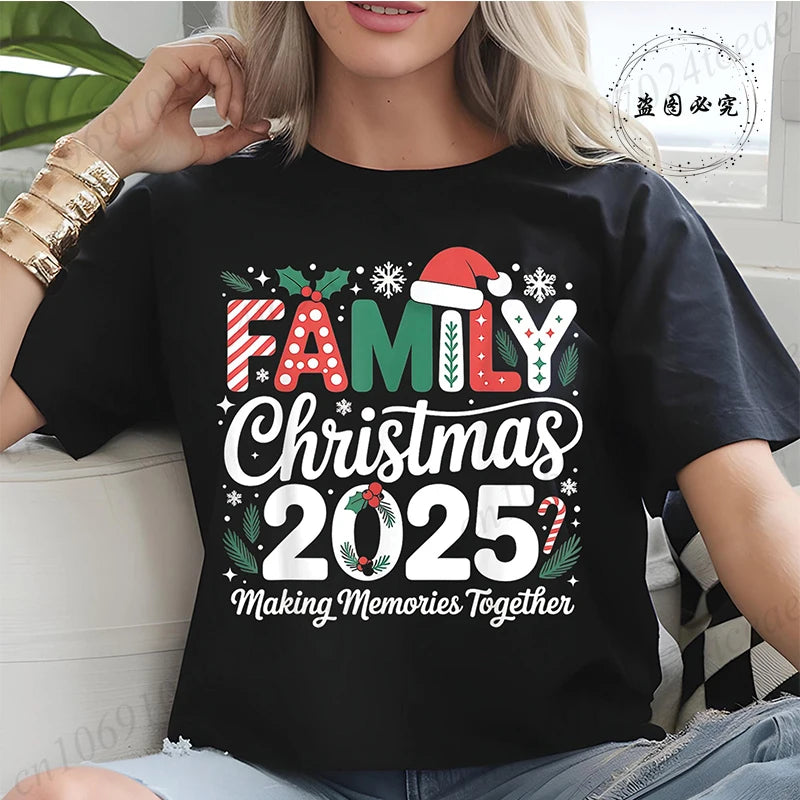 Women T-Shirt Family Christmas 2025 Print Tops, Making Memories Together Tee, Santa Hat Shirts,Unisex Fun Matching Holiday Tops