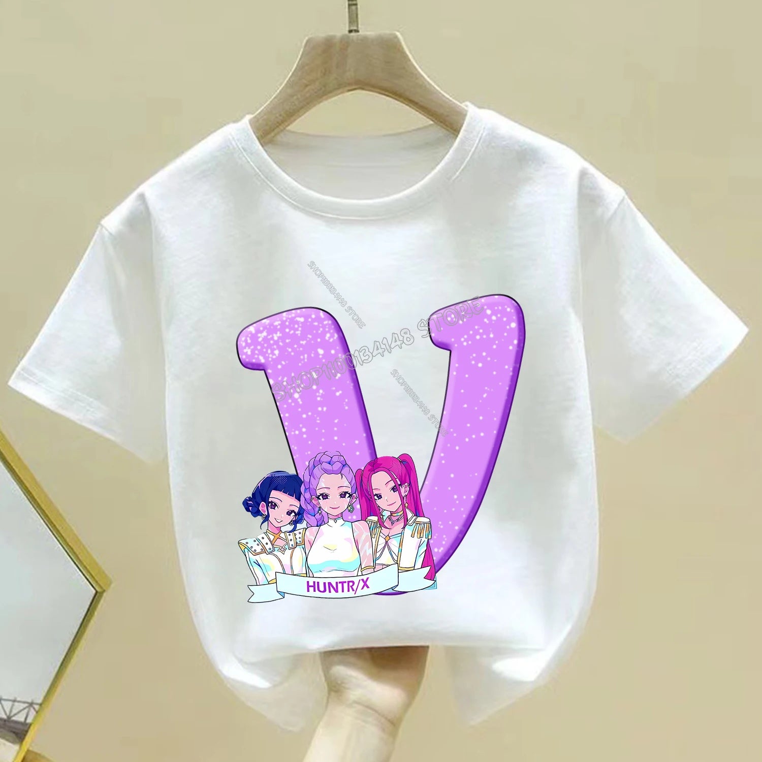 KPop Demon Hunters T-shirt for Children Cartoon A-Z Letters Tee Top White Round Collar Clothes Kids Short Sleeve Clothing Gift