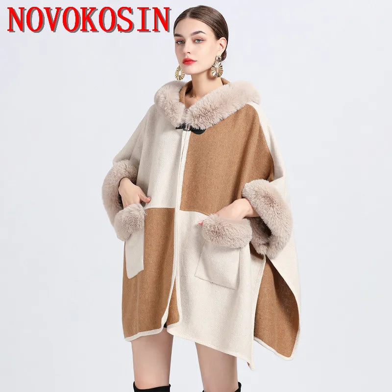 Contrast Color Winter Women Faux Fur Collar Loose Cape Outstreet Wear Warm Thick Poncho Cardigan Lady Coat With Hat Pocket