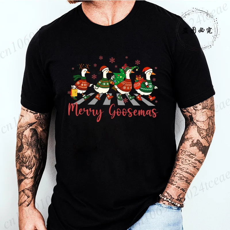 Christmas Family T Shirt for Men Women Funny Goose Group Matching Christmas Print Men Top Graphic Fashion Design T-Shirt Casual