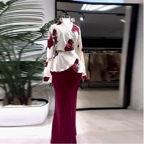 Fashion Women's 2-Piece Lapel Flower Print Shirt Top and High Waisted Fishtail Skirt Set, Elegant and Gorgeous Long Skirt Set