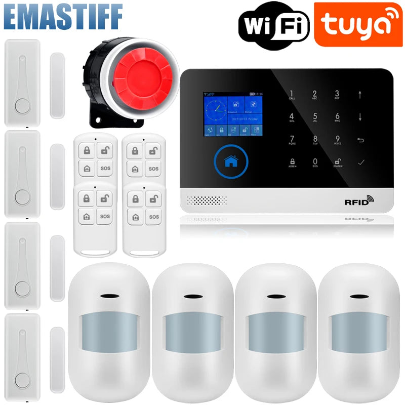 Wireless Tuya APP SIM GSM Home RFID Burglar Security LCD Touch Keyboard WIFI GSM Alarm System Sensor kit Russian,Spanish Voice