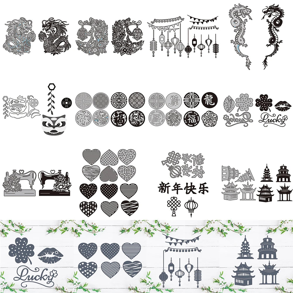 Happy New Year Words Nesting Round Metal Cutting Dies Flower Dragon Chinese Element for DIY Window Decoration Paper Craft