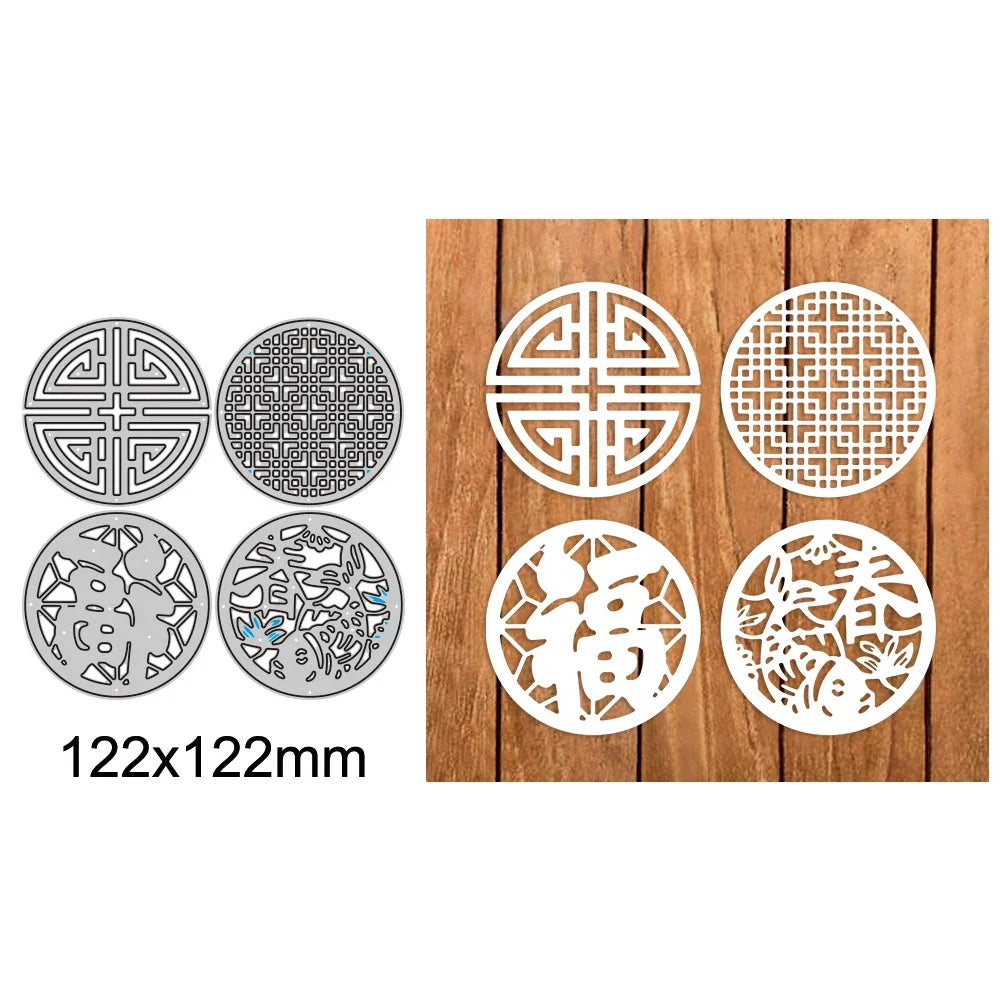 Happy New Year Words Nesting Round Metal Cutting Dies Flower Dragon Chinese Element for DIY Window Decoration Paper Craft