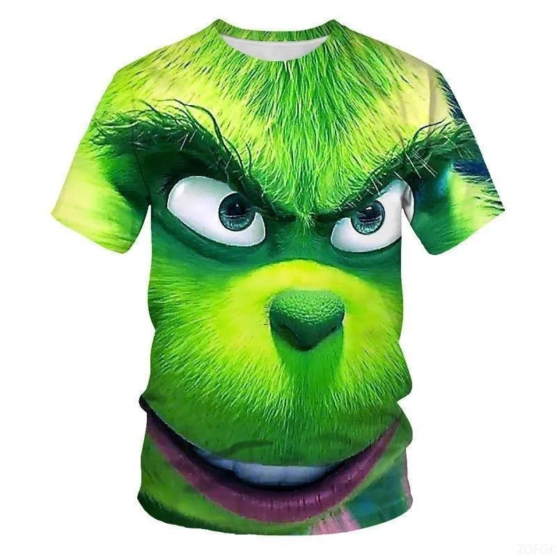 Cross Border New 2025 Christmas Cartoon Green Fur Monster 3D Printed Men's T-shirt Short Sleeved Christmas Grinch