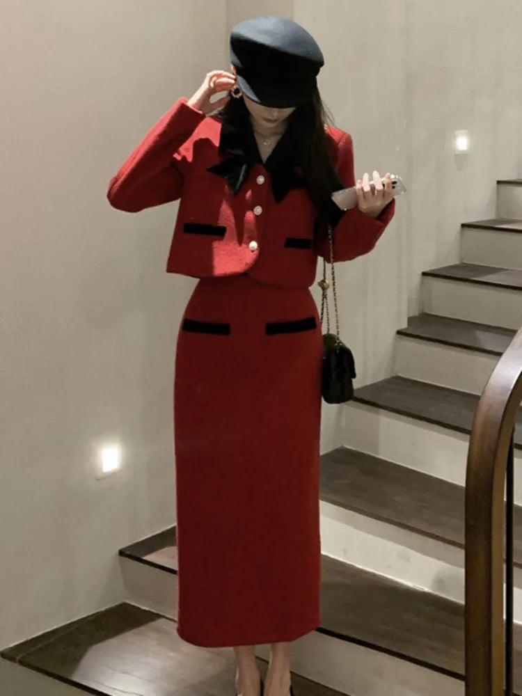 Winter Outfit Women 2024 New Elegant Lady Thickened 2 Pieces Sets Women Sweet Fashion Short Coat High Waist Long Skirt Suits