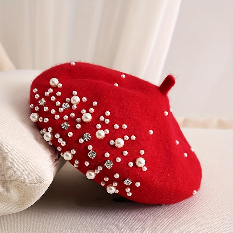 Faux Pearl Rhinestone Beret Winter Thermal Beret Outdoor Fashion Casual Style Hat For Women   Chinese New Year Presents Valentine's Gifts