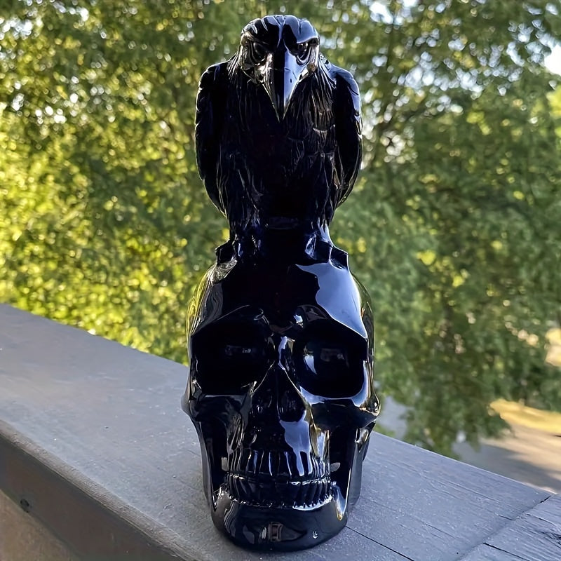 Raven on Skull Figurine - Resin Crow Sculpture, Halloween Decor, Goth Statue for Home & Garden, Theme: Halloween, Indoor & Outdoor Use, No Electricity Required