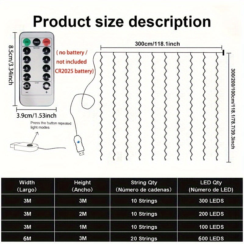 Curtain String Lights, 8 Modes Fairy Copper Light With Remote, USB Powered For New Year Christmas Bedroom Party, Wedding Home Garden Wall Decorations