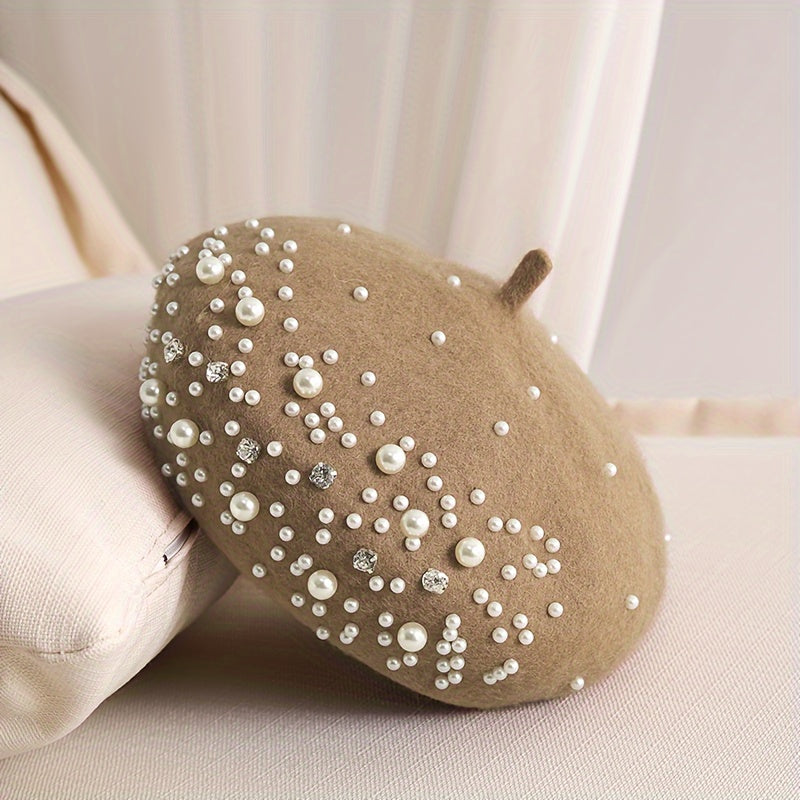 Faux Pearl Rhinestone Beret Winter Thermal Beret Outdoor Fashion Casual Style Hat For Women   Chinese New Year Presents Valentine's Gifts