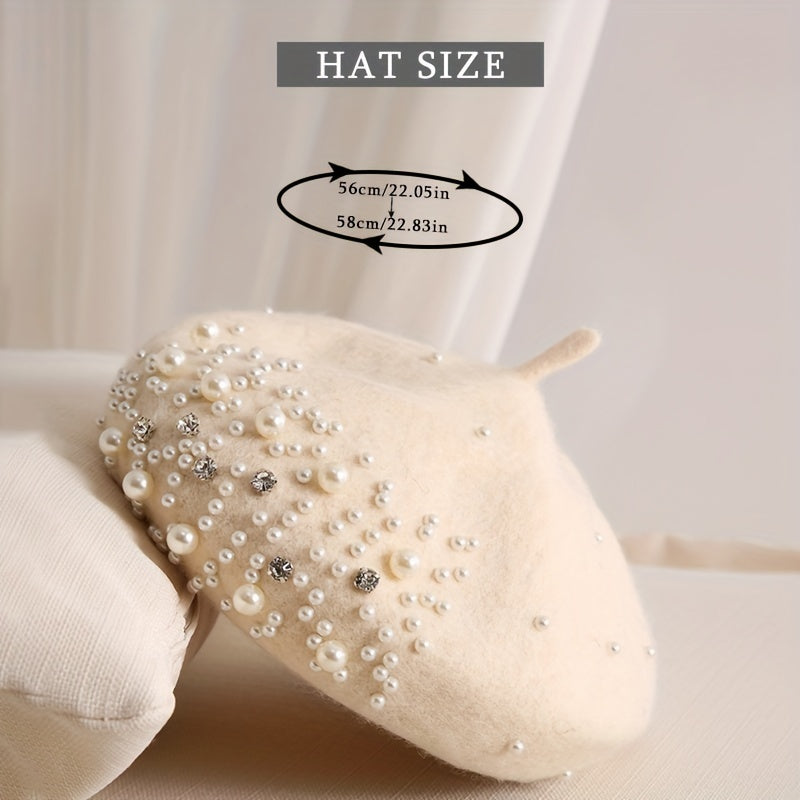 Faux Pearl Rhinestone Beret Winter Thermal Beret Outdoor Fashion Casual Style Hat For Women   Chinese New Year Presents Valentine's Gifts