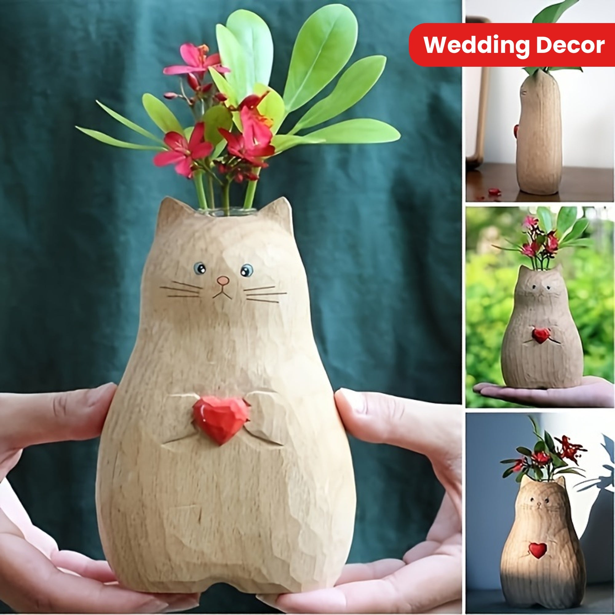 1pc Adorable Cat-Shaped Resin Vase with Red Heart - Perfect for Valentine's Day & Wedding Decor, Ideal for Hydroponic Plants & Flower Arrangements, Versatile Indoor Planter for Home Garden Enthusiasts, Flower Vase
