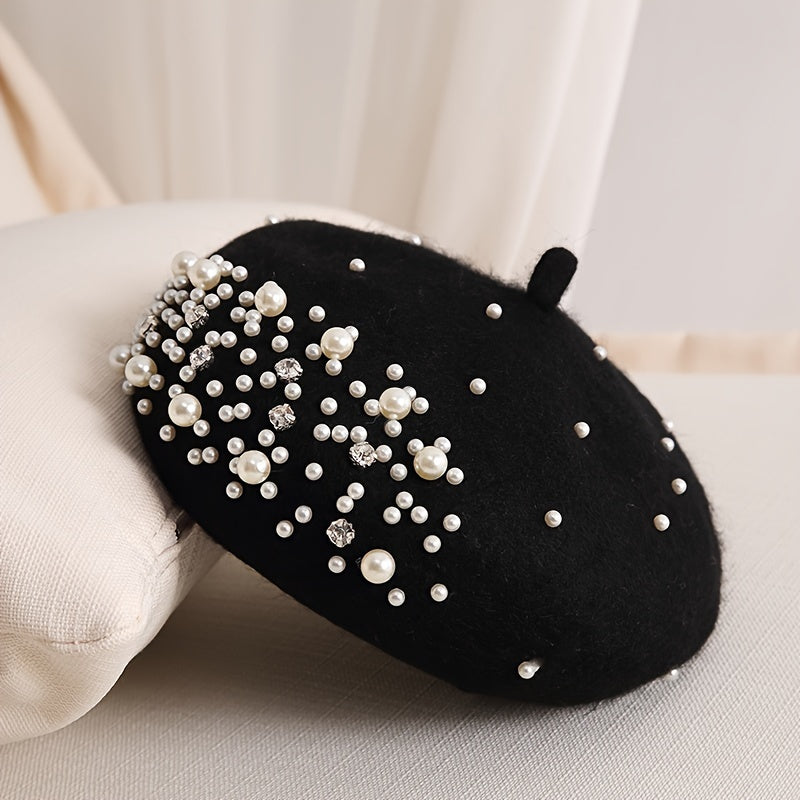 Faux Pearl Rhinestone Beret Winter Thermal Beret Outdoor Fashion Casual Style Hat For Women   Chinese New Year Presents Valentine's Gifts