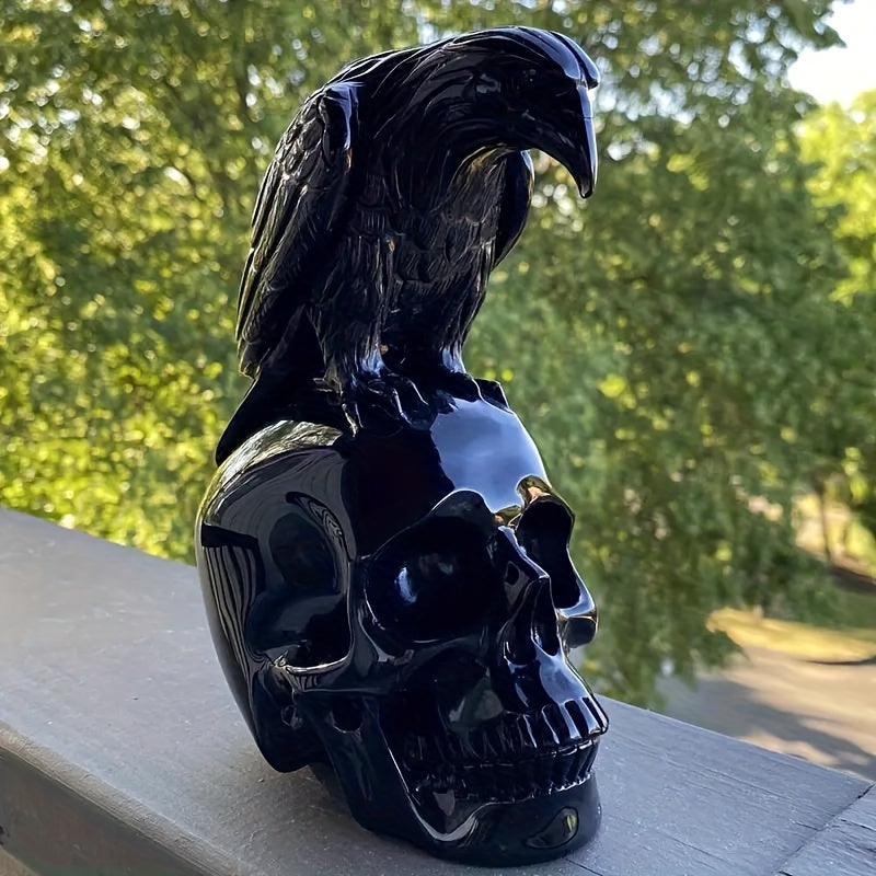 Raven on Skull Figurine - Resin Crow Sculpture, Halloween Decor, Goth Statue for Home & Garden, Theme: Halloween, Indoor & Outdoor Use, No Electricity Required